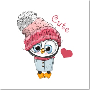 Cute penguin girl in a winter hat and scarf Posters and Art